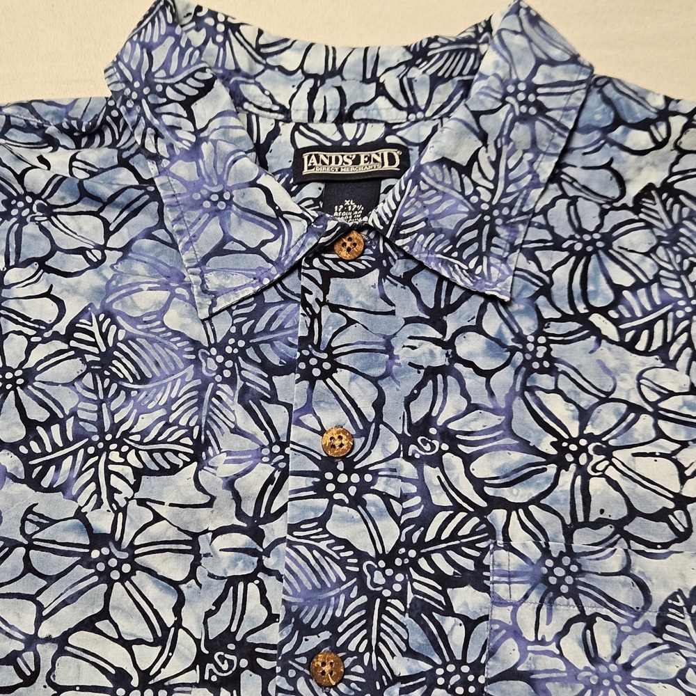 Vintage Lands End Button Down Shirt Mens XL Blue Floral Batik Cotton Hawaiian